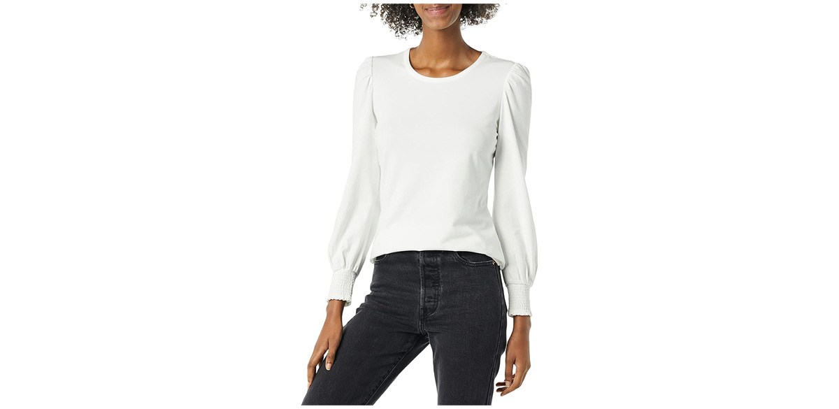 Amazon Essentials Women's Long-Sleeve Crewneck Smocked Cuff T-Shirt Amazon Essentials Women's Long-Sleeve Crewneck Smocked Cuff T-Shirt