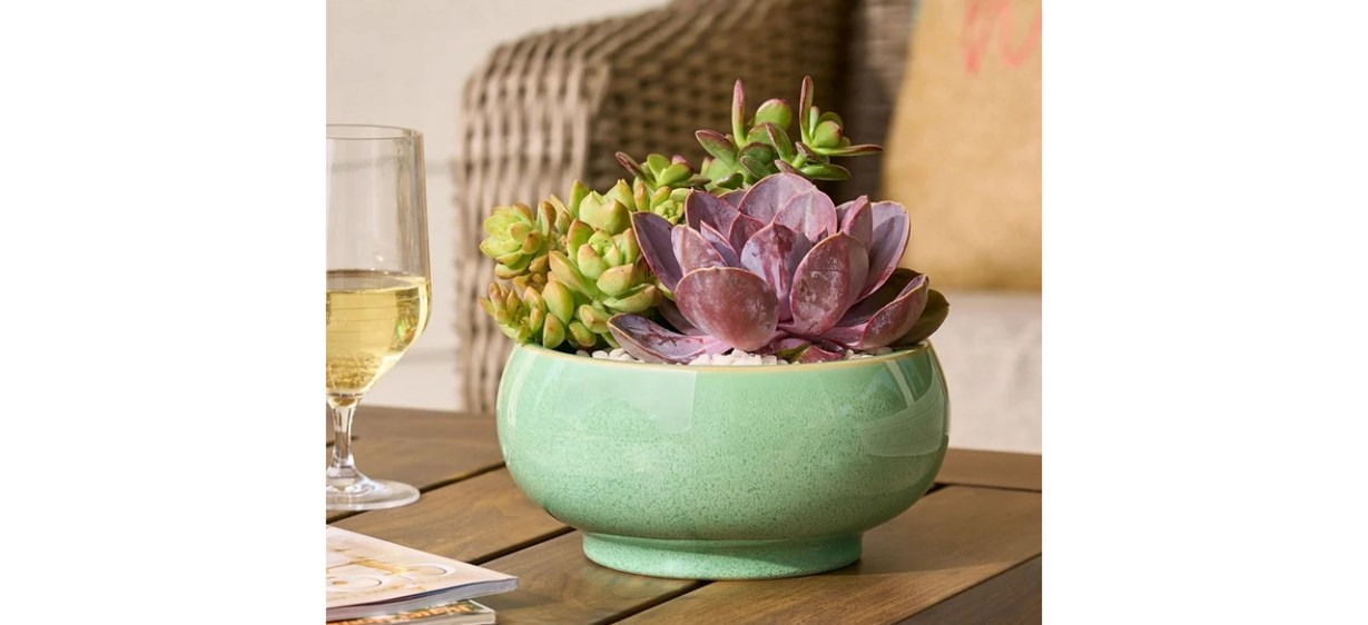 Sage green Better Homes &amp; Gardens Emery Planter on table