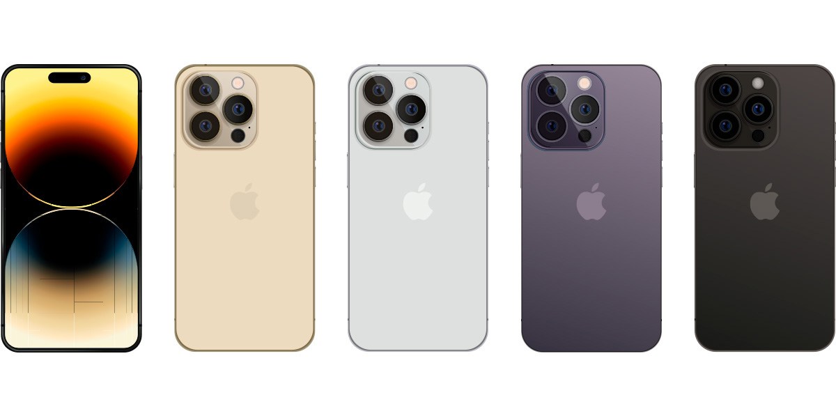 Image of five iPhones of different colors on white background
