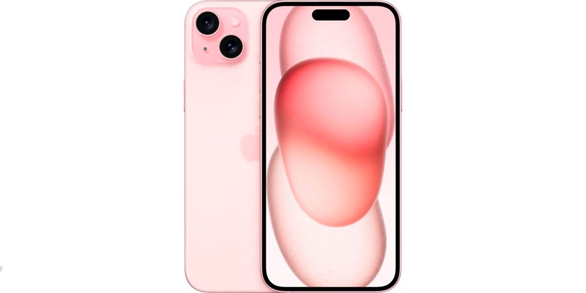 Pink iPhone 15 Plus on white background