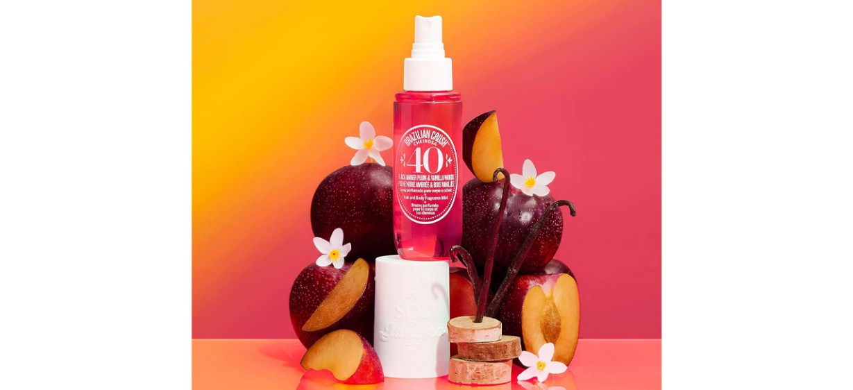 SOL DE JANEIRO Hair &amp; Body Fragrance Mist on orange, pink and yellow background