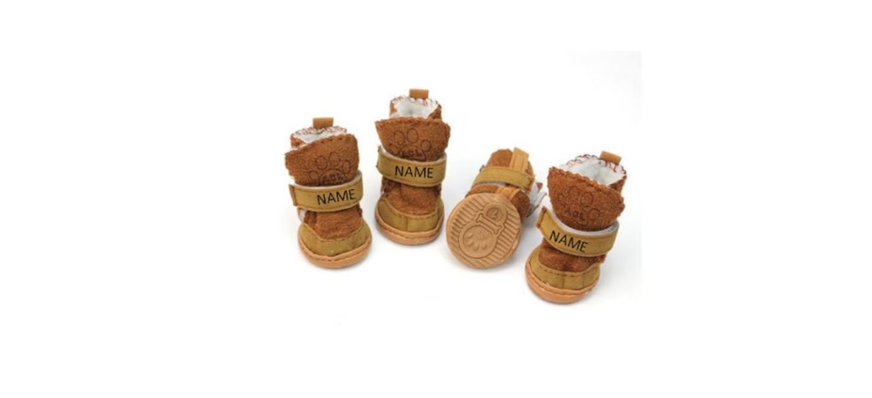 4 tan dog booties shoes with customizable name on them