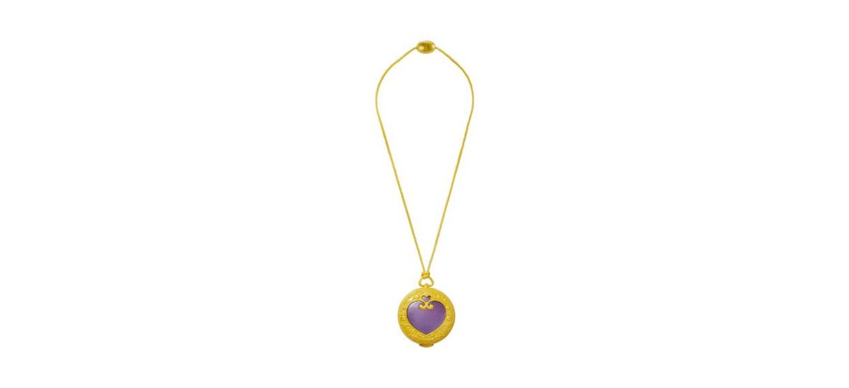 purple heart-shaped plastic pendant on a gold-colored fabric string