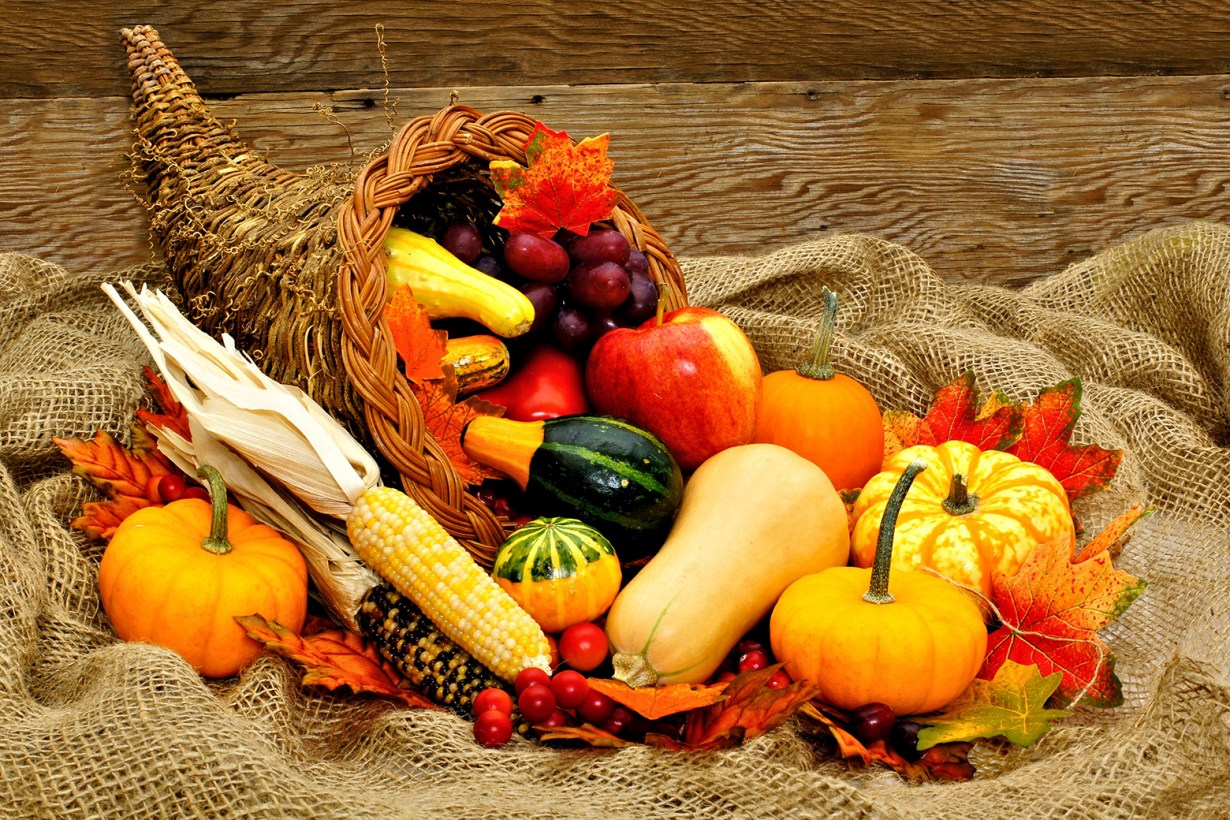 a cornucopia basket filled with food