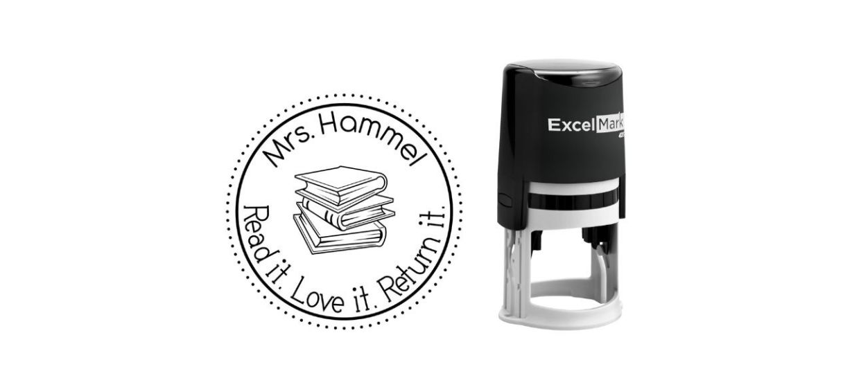 ExcelMark Round Self-Inking Teacher Stamp next to example stamp, which says, &quot;Mrs. Hammel. Read it. Love it. Return it.&quot;