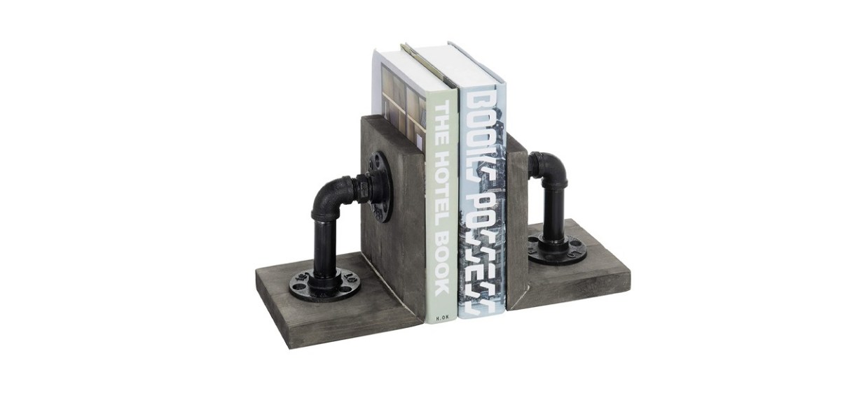 MyGift Industrial Pipe &amp; Gray Wood 6-Inch Metal Bookends