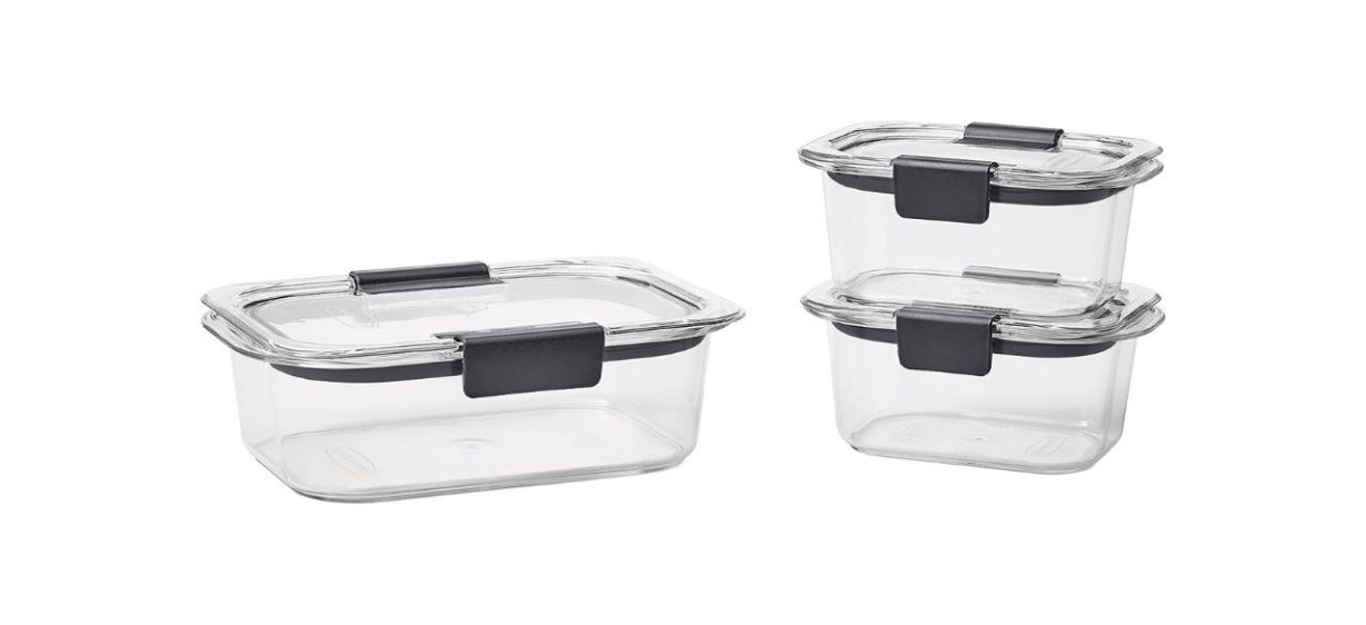 A set of 3 clear plastic storage containers with lids that have black handles. One is big and two are small.