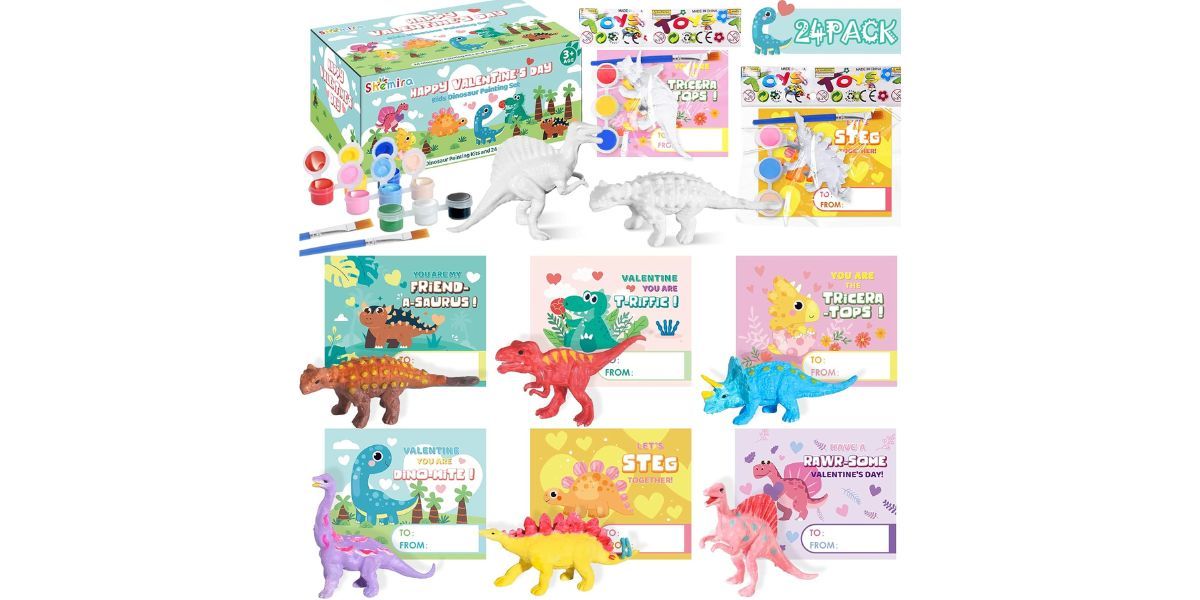 24 Pack of Dinosaur Painting Kit with Valentines Greeting Cards 