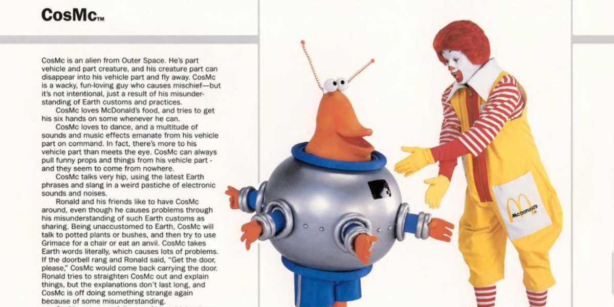 An old text talking about CosMc's story next to an image of CosMc and Ronald McDonald