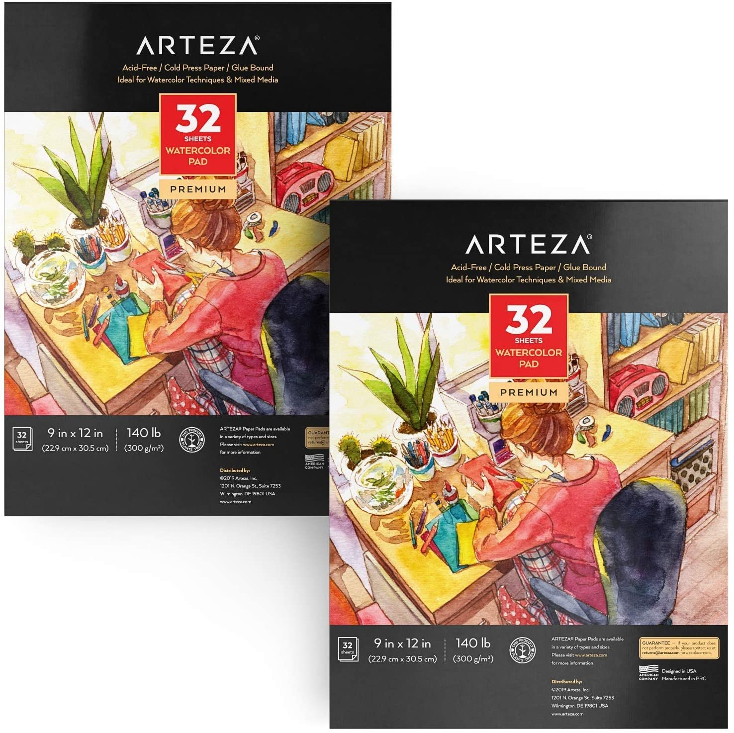 Arteza Watercolour Paper 9x12 Inch, Pack of 2, 64 Sheets